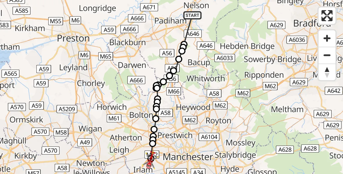 Flight route Air Ambulance Helicopter Burnley - Manchester Barton Aerodrome, 10 July 2026, 13:31