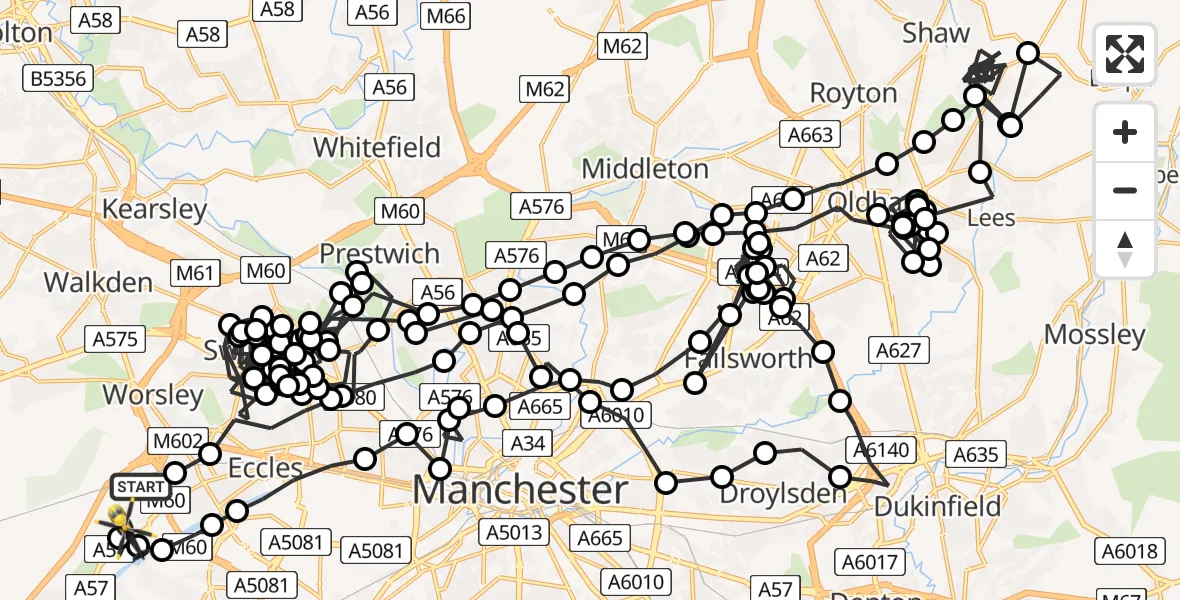 Flight route Police Helicopter Worsley - Manchester Barton Aerodrome, 10 July 2026, 13:34