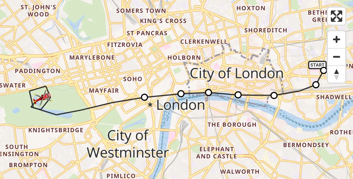 Flight route Air Ambulance Helicopter Royal London Hospital - City of Westminster, 10 July 2026, 13:39
