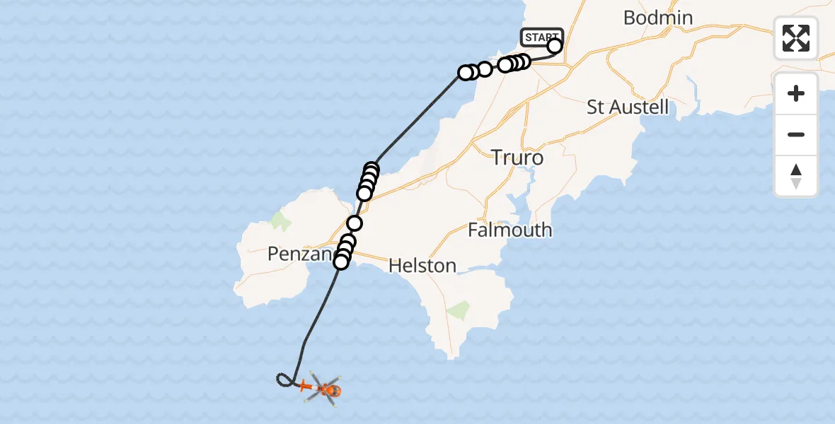 Flight route Coastguard Helicopter Cornwall Airport Newquay - English Channel, 10 July 2026, 13:47