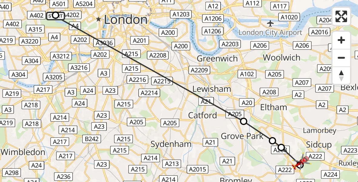 Flight route Air Ambulance Helicopter City of Westminster - Chislehurst, 10 July 2026, 13:54