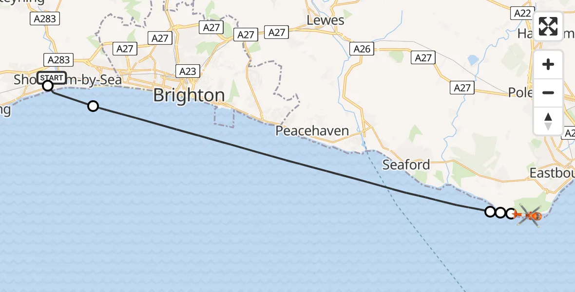 Flight route Coastguard Helicopter Brighton City Airport - Eastbourne, 10 July 2026, 14:01