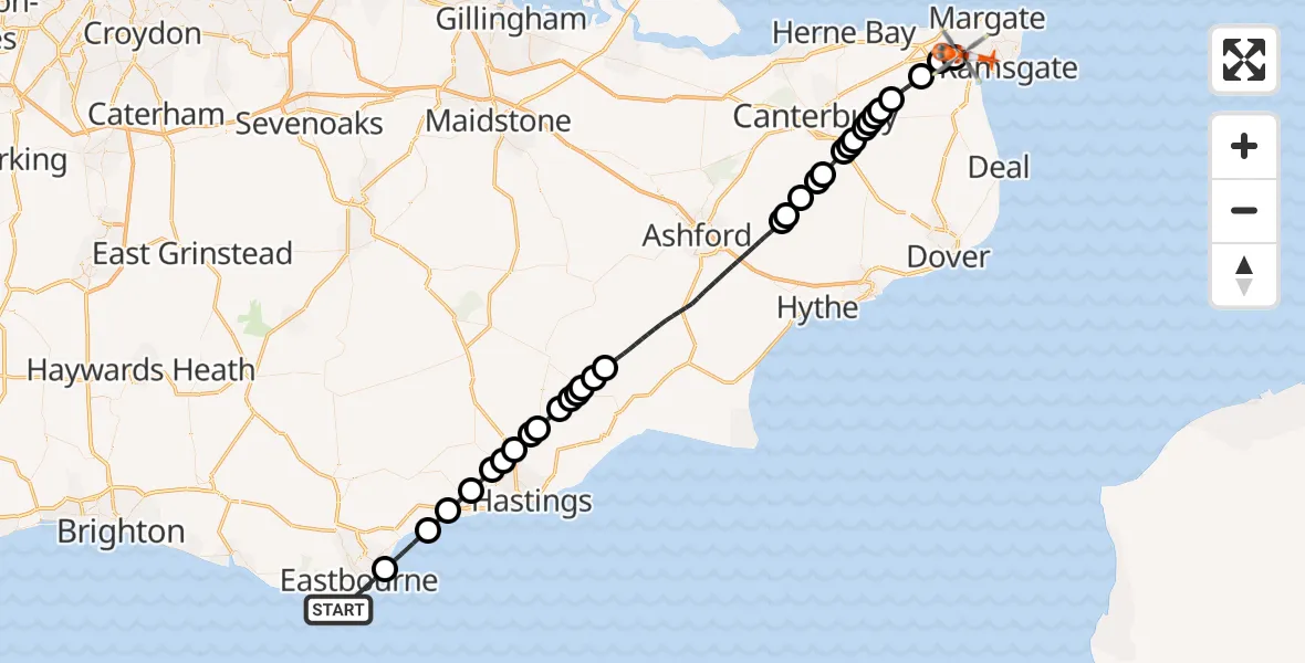 Flight route Coastguard Helicopter Eastbourne - Manston Airport, 10 July 2026, 14:15