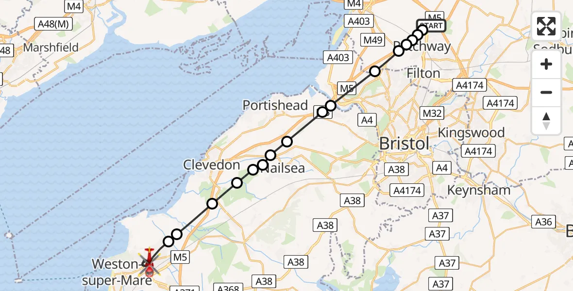 Flight route Air Ambulance Helicopter Almondsbury Helicopter Base - Weston-super-Mare, 10 July 2026, 14:16