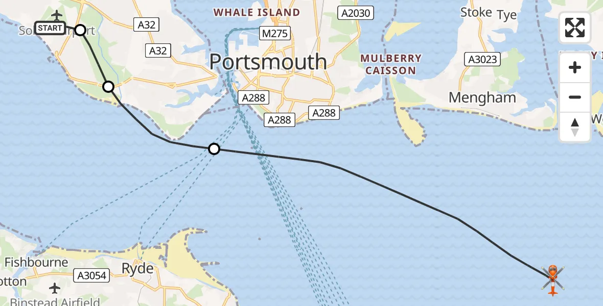 Flight route Coastguard Helicopter Solent Airport - English Channel, 10 July 2026, 14:19