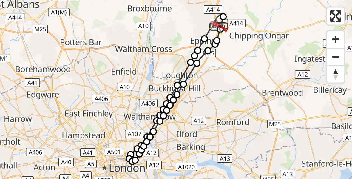 Flight route Air Ambulance Helicopter North Weald Airfield - North Weald Airfield, 10 July 2026, 14:23