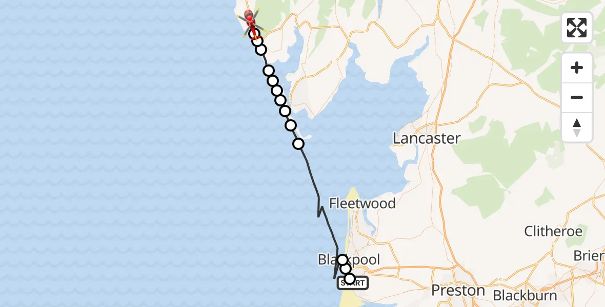 Flight route Air Ambulance Helicopter Blackpool Airport - Whitbeck, 10 July 2026, 14:27