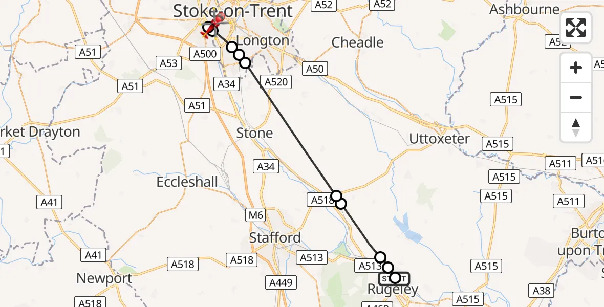 Flight route Air Ambulance Helicopter Colton - University Hospital North Staffs, 10 July 2026, 14:27