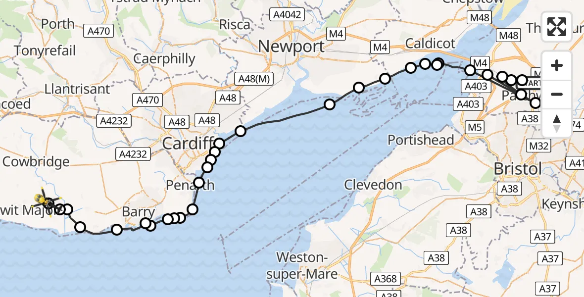 Flight route Police Helicopter Almondsbury - MOD St Athan, 10 July 2026, 14:42