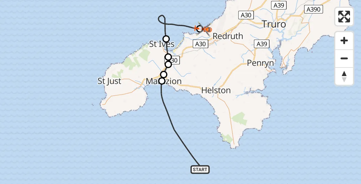 Flight route Coastguard Helicopter English Channel - Camborne, 10 July 2026, 14:57