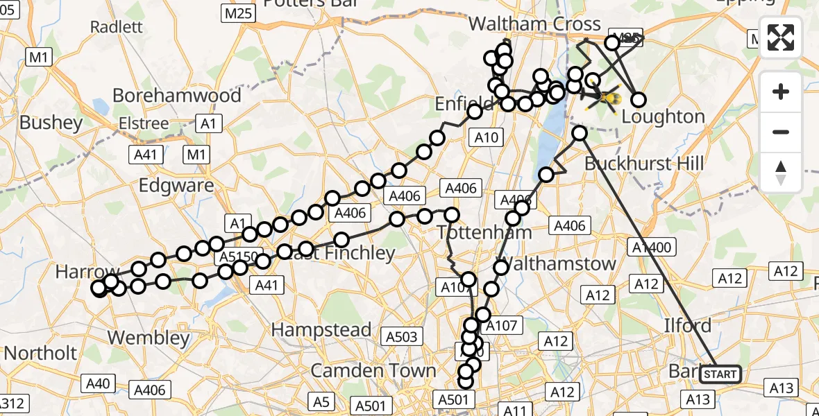 Flight route Police Helicopter Thames View - Sewardstonebury, 10 July 2026, 15:11