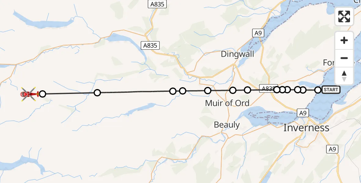 Flight route Air Ambulance Helicopter Avoch - Highland, 10 July 2026, 15:15