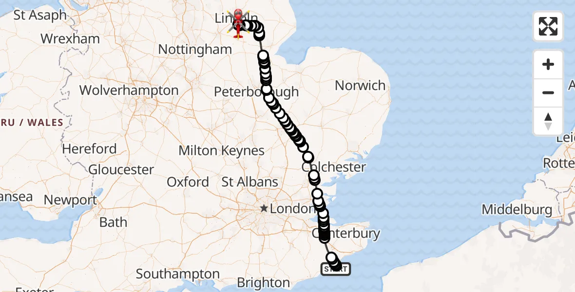 Flight route Air Ambulance Helicopter Lydd London Ashford Airport - North Kesteven, 10 July 2026, 15:22