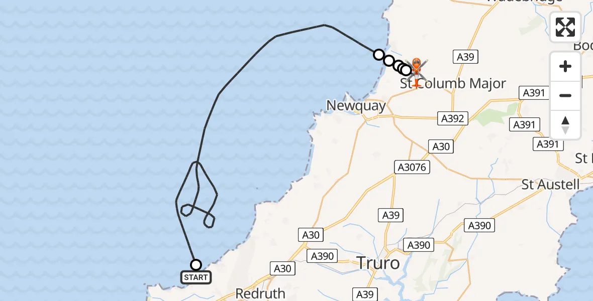 Flight route Coastguard Helicopter Camborne - Cornwall Airport Newquay, 10 July 2026, 15:24