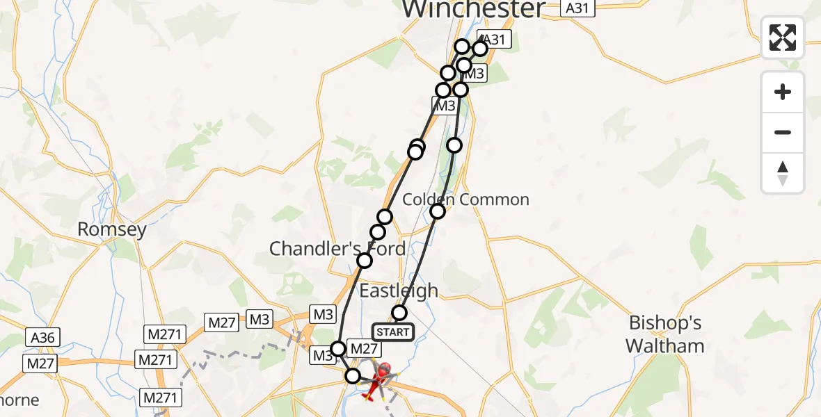 Flight route Air Ambulance Helicopter Southampton Airport - Mansbridge, 10 July 2026, 15:24
