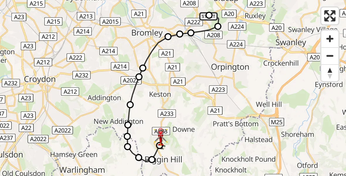 Flight route Air Ambulance Helicopter Chislehurst - London Biggin Hill Airport, 10 July 2026, 15:26