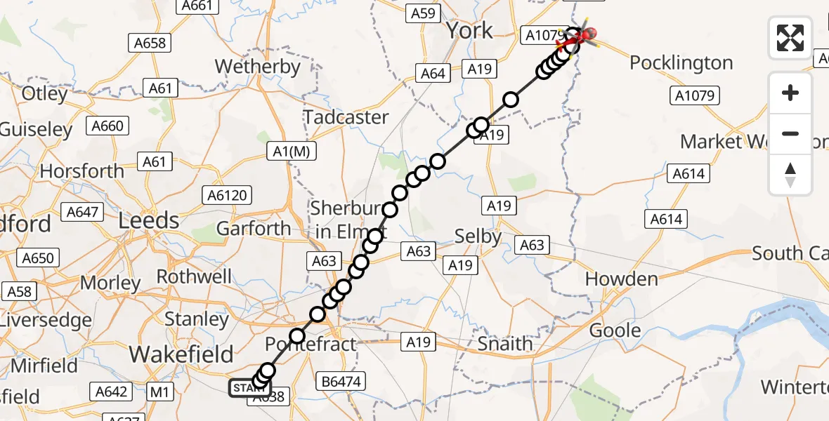 Flight route Air Ambulance Helicopter YAA Nostell Helicopter Port - Kexby, 10 July 2026, 15:29