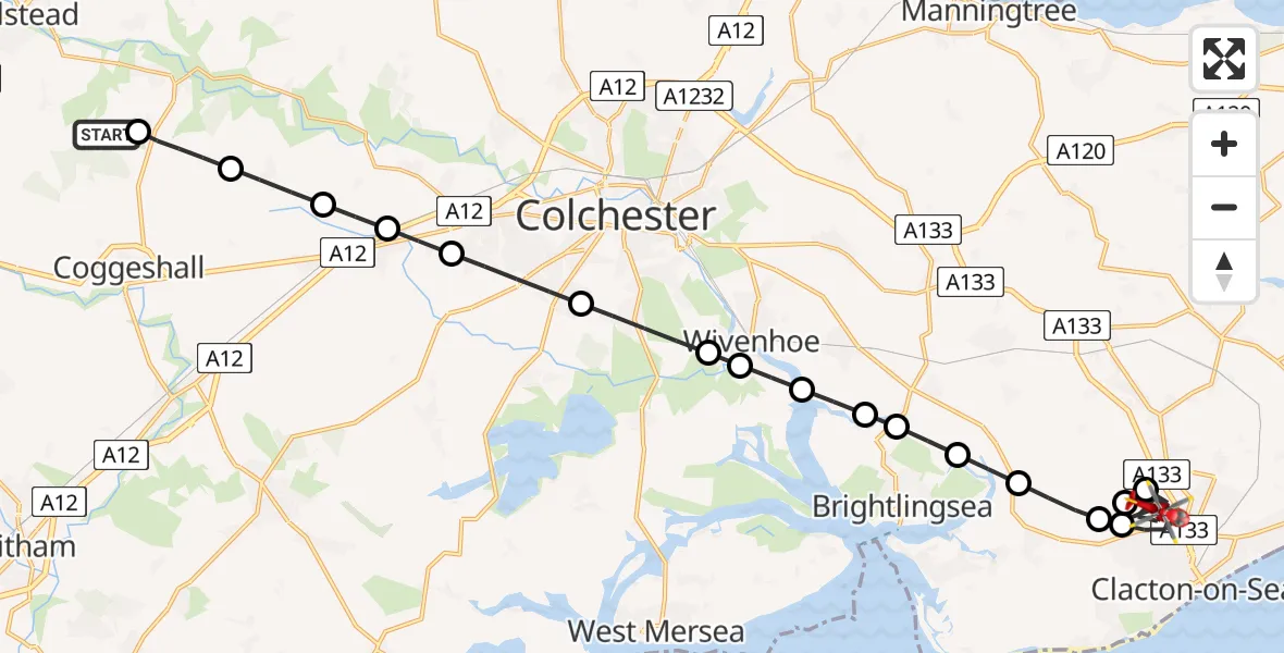 Flight route Air Ambulance Helicopter Earls Colne Airfield - Clacton-on-Sea, 10 July 2026, 15:31