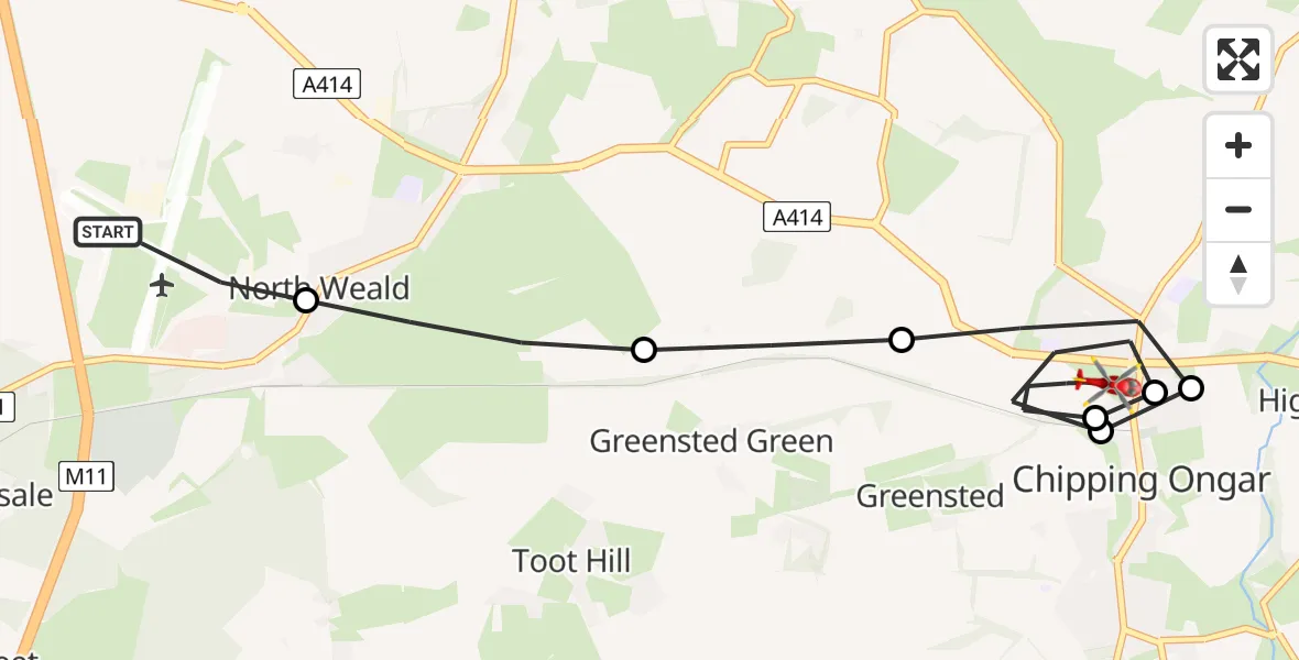 Flight route Air Ambulance Helicopter North Weald Airfield - Greensted, 10 July 2026, 15:32