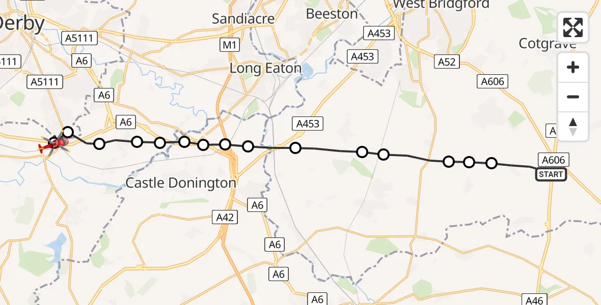 Flight route Air Ambulance Helicopter Widmerpool - Swarkestone CP, 10 July 2026, 15:33