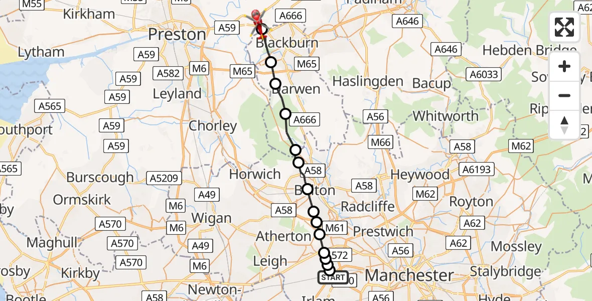Flight route Air Ambulance Helicopter Irlam - Mellor Brook, 10 July 2026, 15:34
