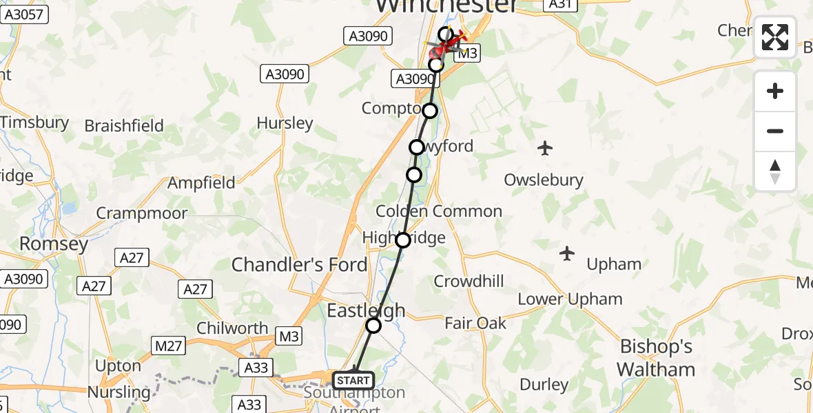 Flight route Air Ambulance Helicopter Southampton Airport - Winchester, 10 July 2026, 15:40
