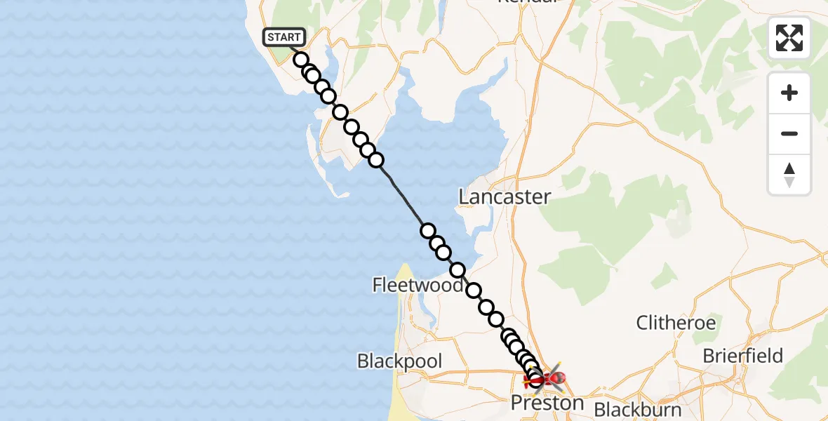 Flight route Air Ambulance Helicopter Whicham - Preston, 10 July 2026, 15:48