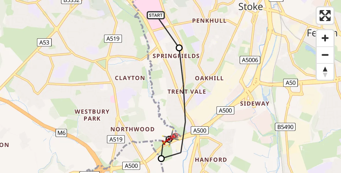 Flight route Air Ambulance Helicopter University Hospital North Staffs - Stoke, 10 July 2026, 15:49