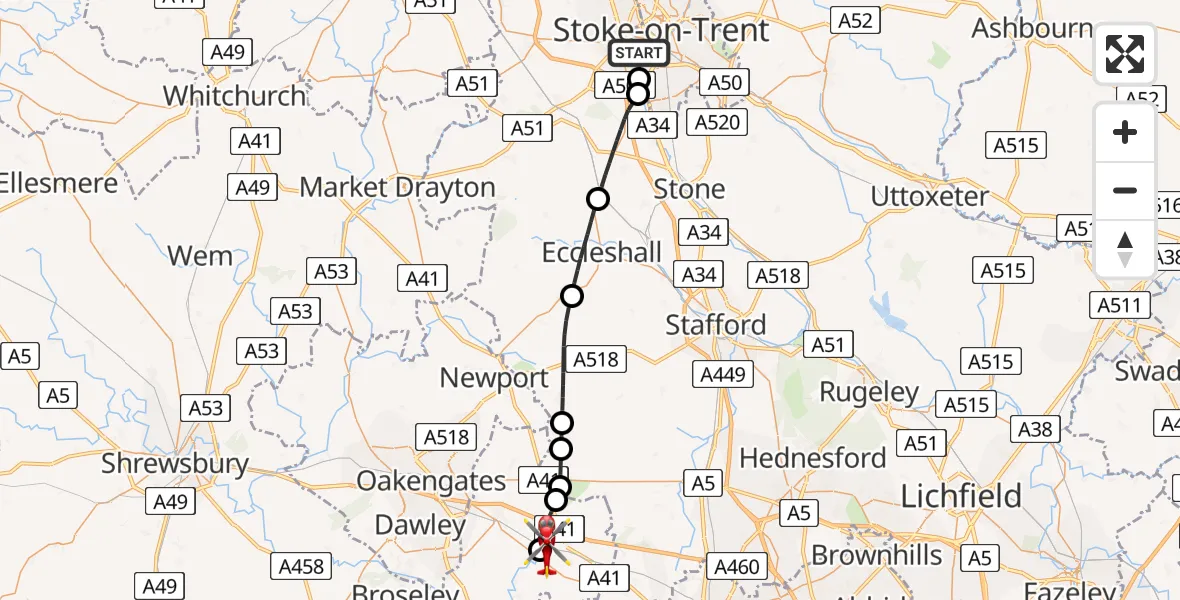 Flight route Air Ambulance Helicopter University Hospital North Staffs - Cosford, 10 July 2026, 15:53