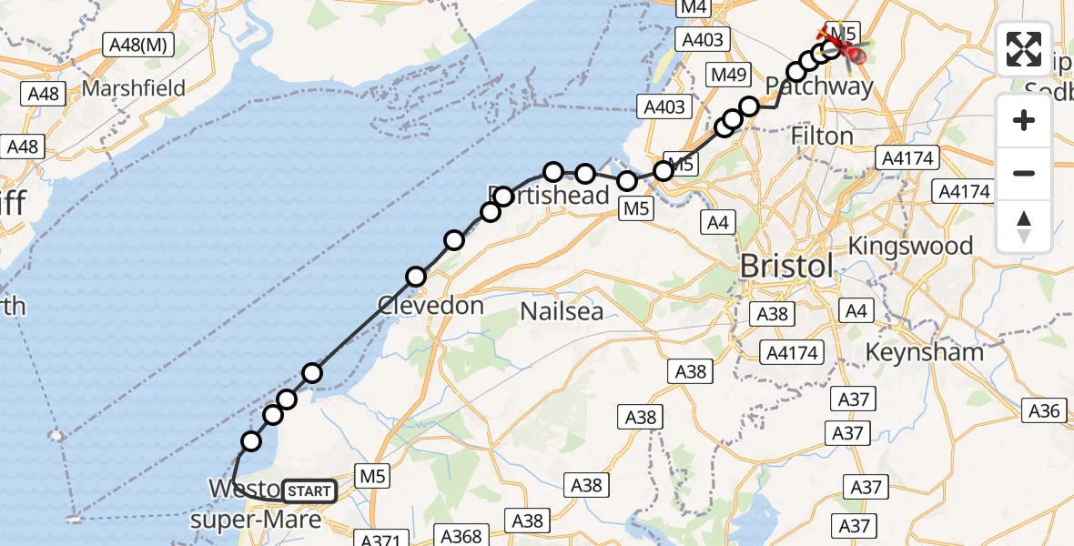 Flight route Air Ambulance Helicopter Weston-super-Mare - Almondsbury Helicopter Base, 10 July 2026, 15:58