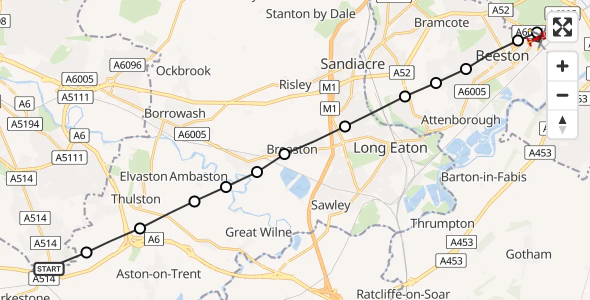 Flight route Air Ambulance Helicopter Chellaston - City of Nottingham, 10 July 2026, 16:04