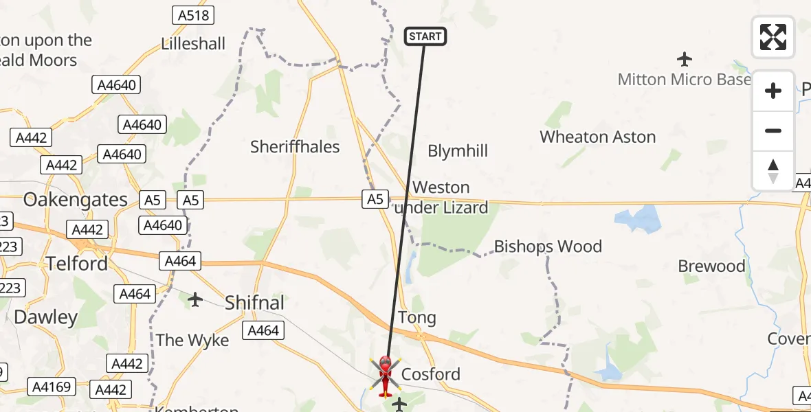 Flight route Air Ambulance Helicopter South Staffordshire - Cosford, 10 July 2026, 16:05