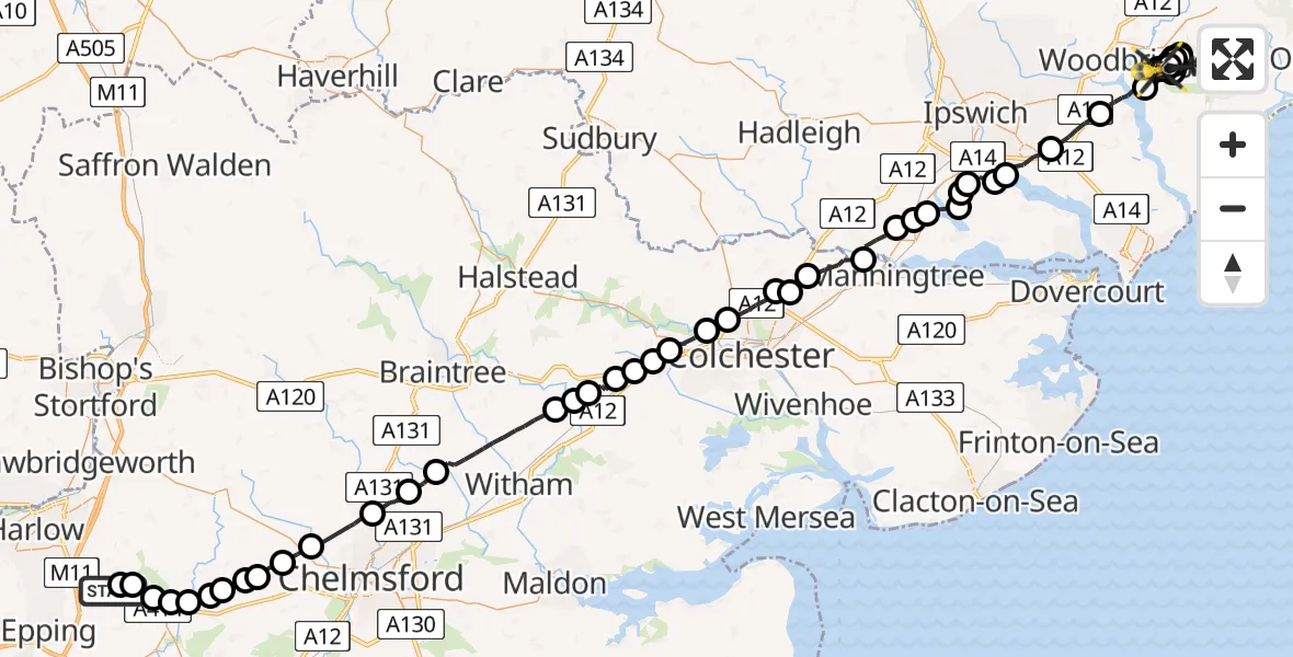 Flight route Police Helicopter North Weald Bassett - Bromeswell, 10 July 2026, 16:20
