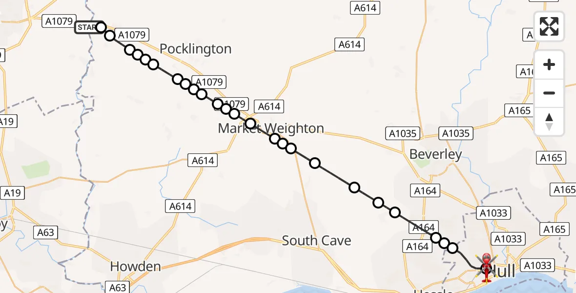 Flight route Air Ambulance Helicopter Kexby - Hull Royal Infirmary, 10 July 2026, 16:24