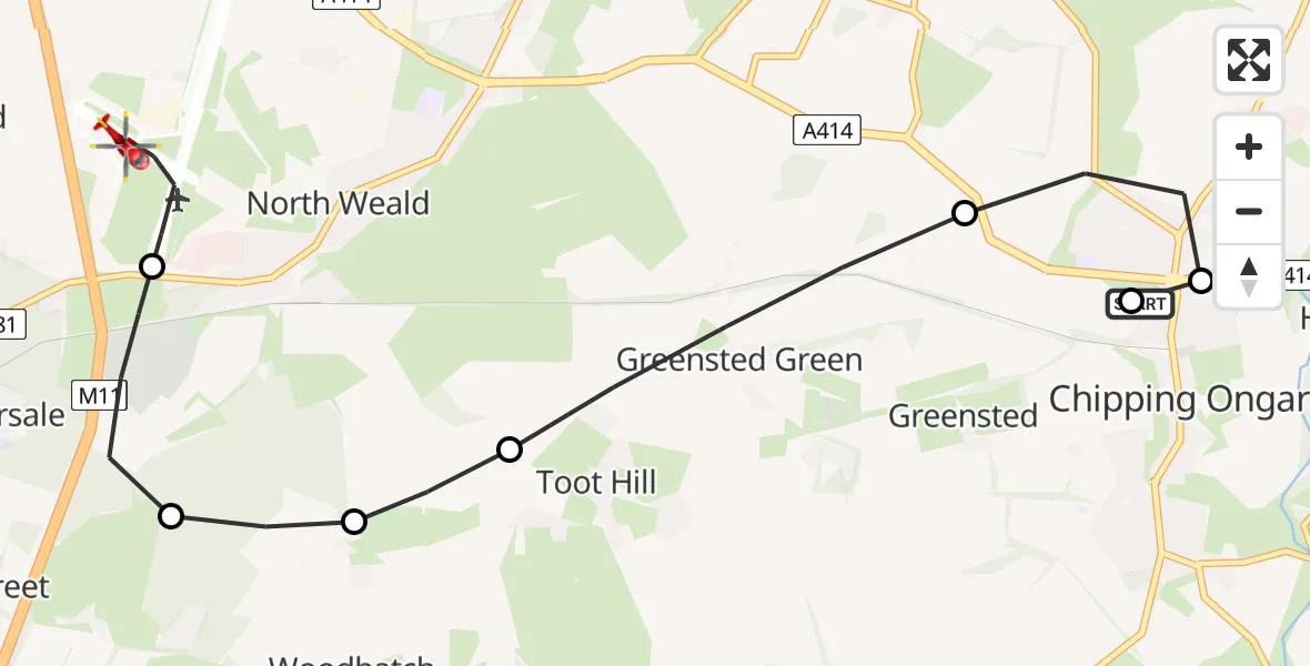 Flight route Air Ambulance Helicopter Chipping Ongar - North Weald Airfield, 10 July 2026, 16:33