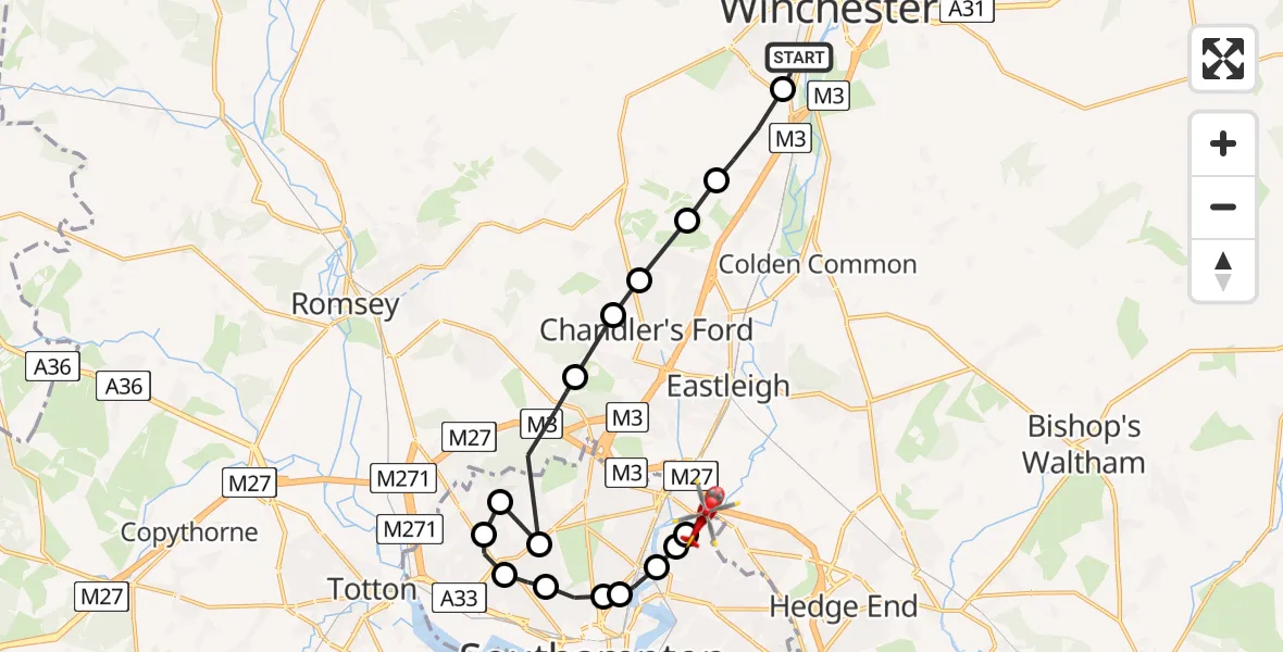 Flight route Air Ambulance Helicopter Winchester - Mansbridge, 10 July 2026, 16:37