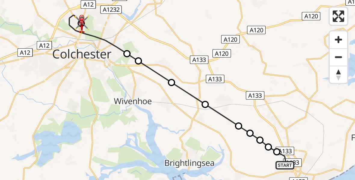 Flight route Air Ambulance Helicopter Clacton-on-Sea - Colchester Hospital, 10 July 2026, 16:40