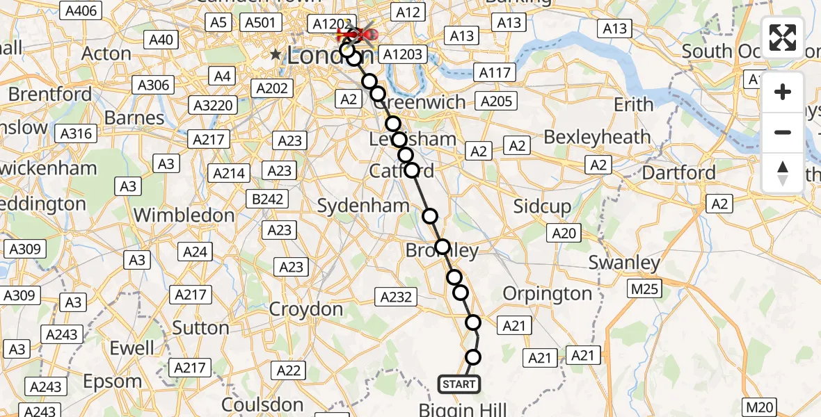 Flight route Air Ambulance Helicopter London Biggin Hill Airport - Royal London Hospital, 10 July 2026, 16:45