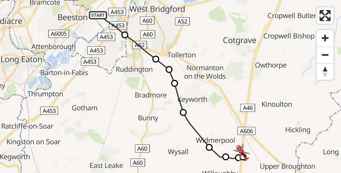 Flight route Air Ambulance Helicopter City of Nottingham - Nottingham Heliport, 10 July 2026, 16:52