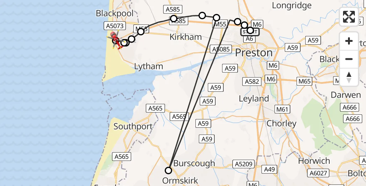Flight route Air Ambulance Helicopter Royal Preston - Squires Gate, 10 July 2026, 16:52