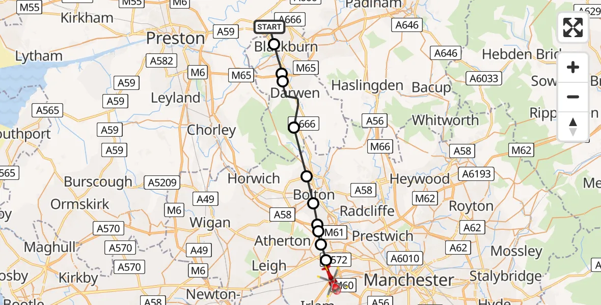 Flight route Air Ambulance Helicopter Mellor - Worsley, 10 July 2026, 16:59