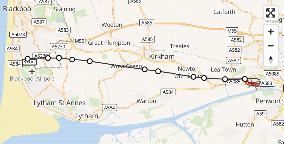 Flight route Air Ambulance Helicopter Blackpool Airport - Preston, 10 July 2026, 17:02