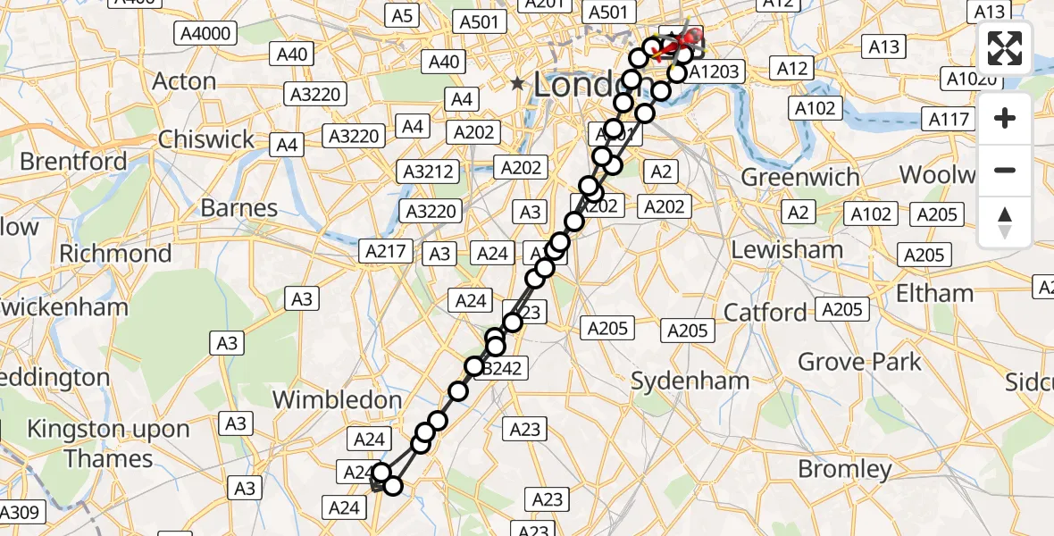 Flight route Air Ambulance Helicopter Royal London Hospital - Royal London Hospital, 10 July 2026, 17:04