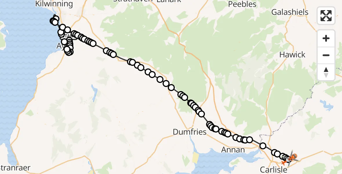 Flight route Coastguard Helicopter Glasgow Prestwick Airport - Carlisle Lake District Airport, 10 July 2026, 17:15
