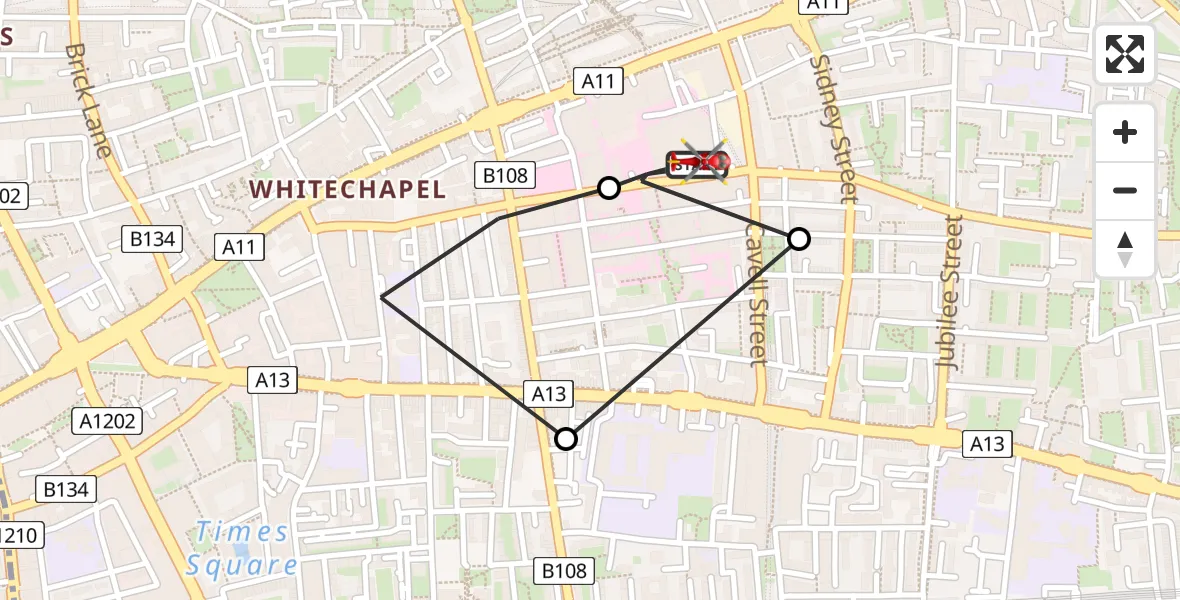 Flight route Air Ambulance Helicopter Royal London Hospital - Royal London Hospital, 10 July 2026, 17:28