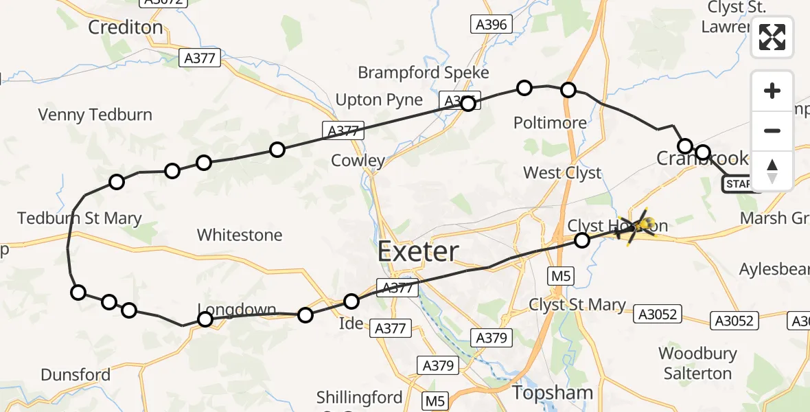 Flight route Police Helicopter Rockbeare - Exeter International Airport, 10 July 2026, 17:33
