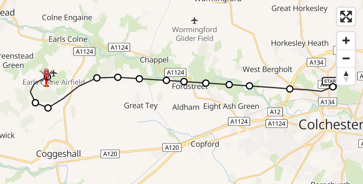 Flight route Air Ambulance Helicopter Colchester Hospital - Earls Colne Airfield, 10 July 2026, 17:38