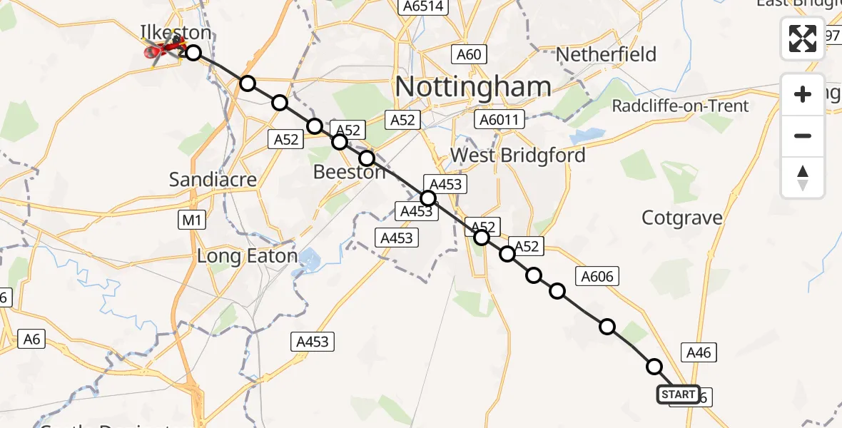 Flight route Air Ambulance Helicopter Widmerpool - Ilkeston, 10 July 2026, 17:39