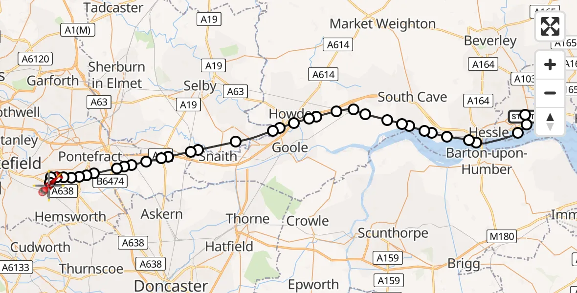 Flight route Air Ambulance Helicopter Hull Royal Infirmary - YAA Nostell Helicopter Port, 10 July 2026, 17:45