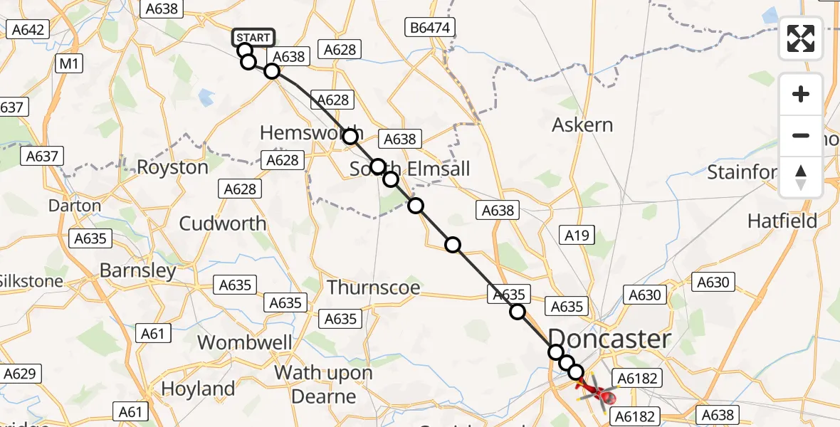 Flight route Air Ambulance Helicopter YAA Nostell Helicopter Port - Balby, 10 July 2026, 18:16